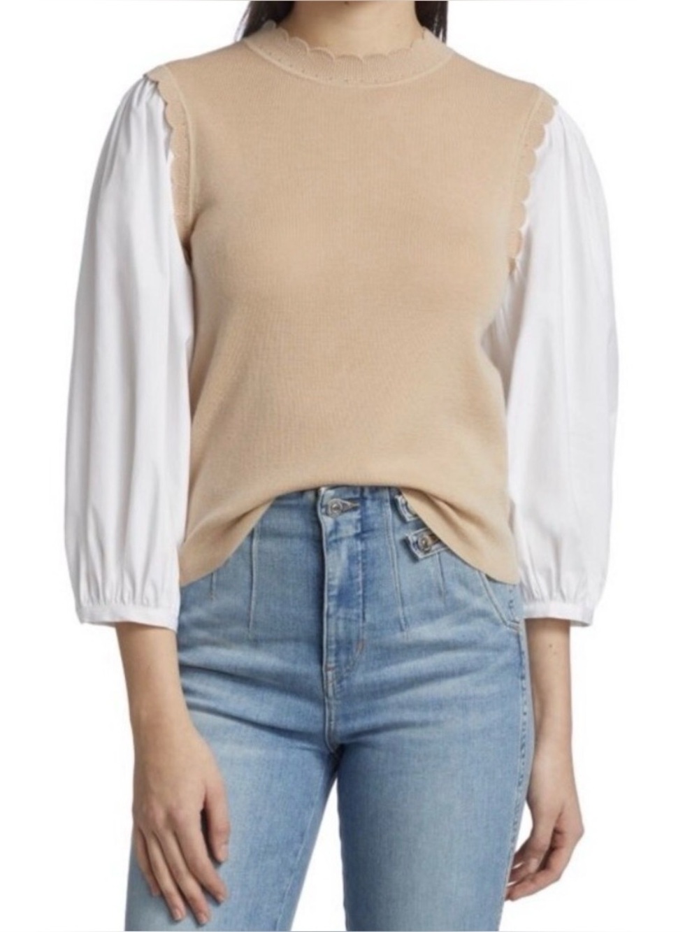 VERONICA BEARD Steffi Mixed Media Merino Wool Blend Top In Oatmeal (Size XS)